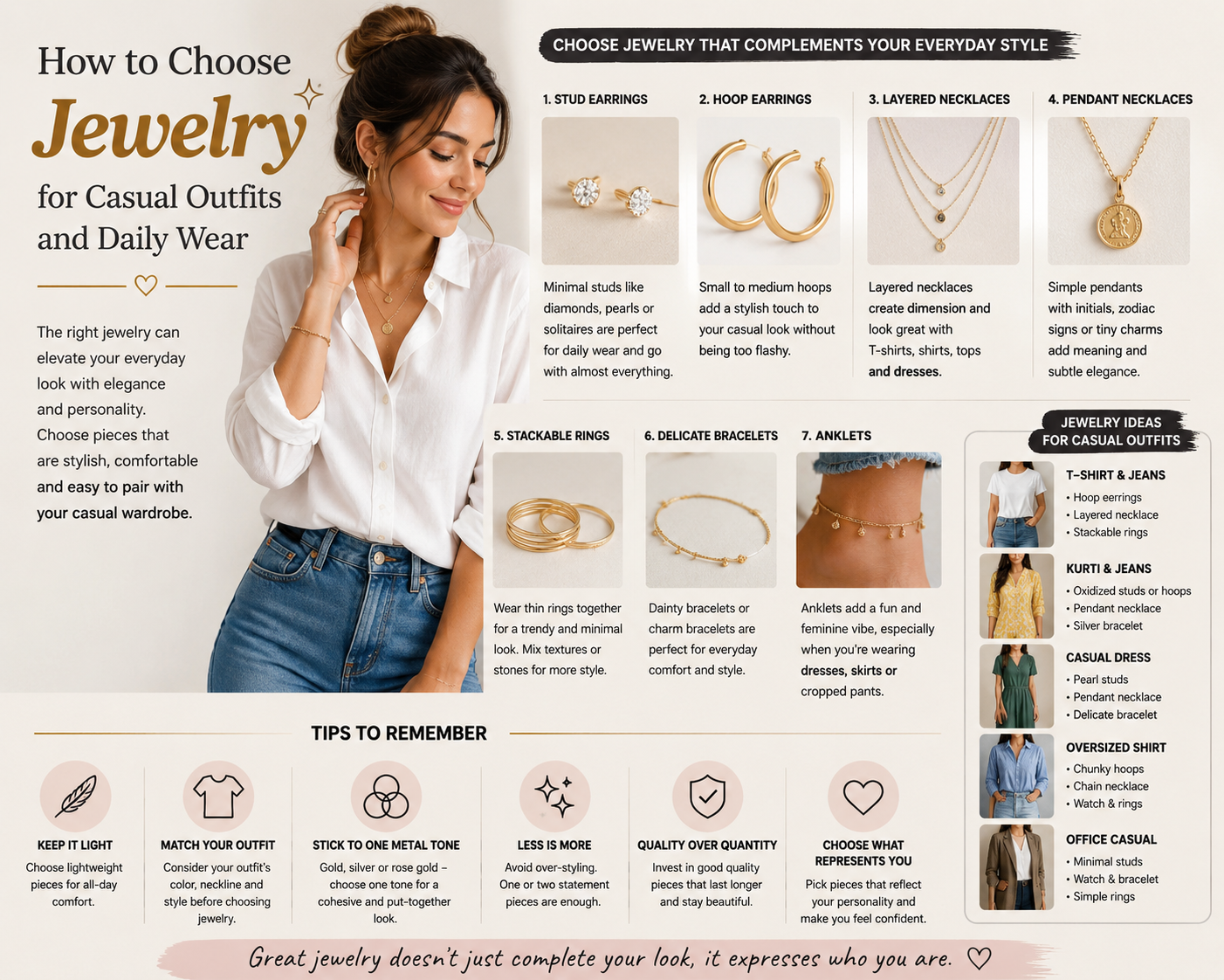 Infographic titled "How to Choose Jewelry for Casual Outfits and Daily Wear," featuring a woman in a white shirt and jeans wearing minimal jewelry. The design showcases stud earrings, hoop earrings, layered necklaces, pendant necklaces, stackable rings, bracelets, and anklets, along with styling tips for different casual outfits.
