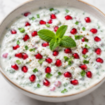 Fresh mint pomegranate raita garnished with mint leaves and juicy pomegranate seeds.
