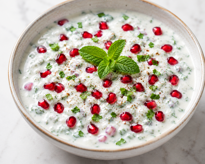 Fresh mint pomegranate raita garnished with mint leaves and juicy pomegranate seeds.