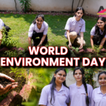 char mahilayein jo lavender polo shirts pehni hain, ek garden mein paude lagate hue aur "World Environment Day" manate hue dikhayi de rahi hain.