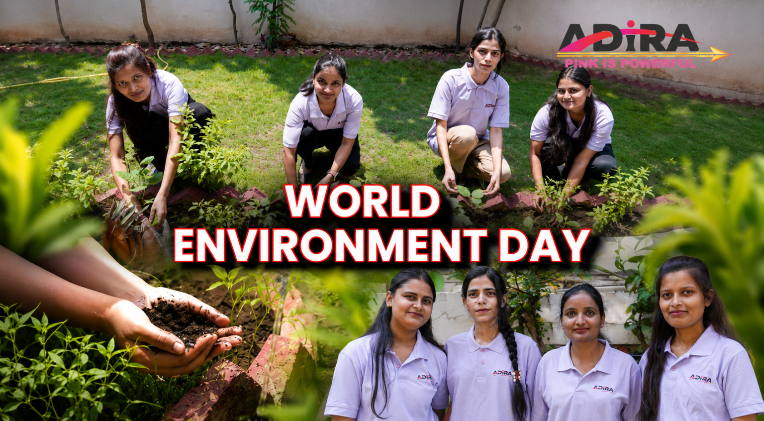 char mahilayein jo lavender polo shirts pehni hain, ek garden mein paude lagate hue aur "World Environment Day" manate hue dikhayi de rahi hain.