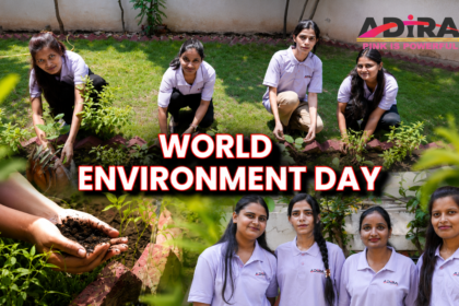 char mahilayein jo lavender polo shirts pehni hain, ek garden mein paude lagate hue aur "World Environment Day" manate hue dikhayi de rahi hain.
