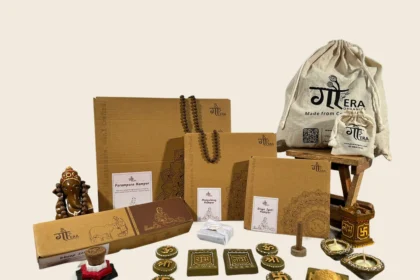 GaEra Organics cow-based spiritual gift hamper featuring handmade diyas, incense, decorative items, and eco-friendly packaging.