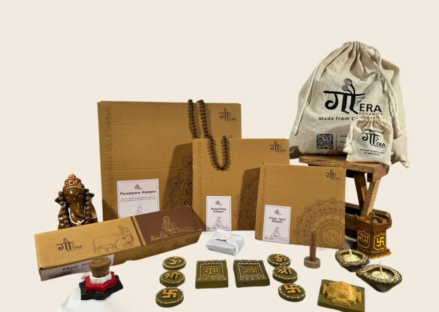 GaEra Organics cow-based spiritual gift hamper featuring handmade diyas, incense, decorative items, and eco-friendly packaging.