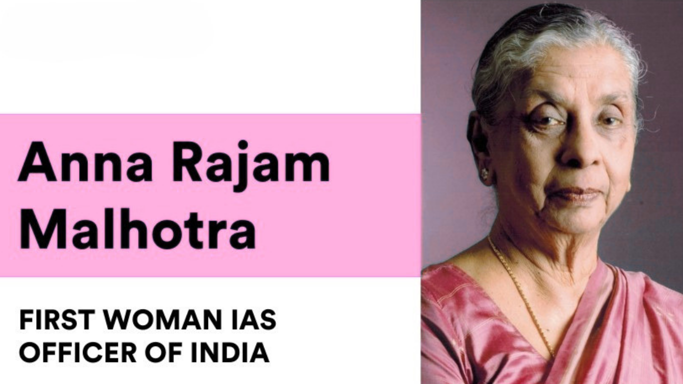 Portrait of Anna Rajam Malhotra, India’s first woman IAS officer and a pioneer in Indian civil services.