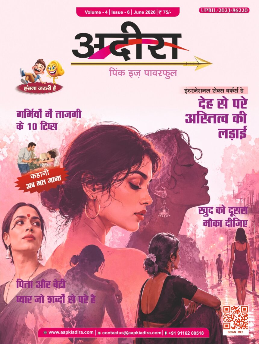 ADIRA मैगजीन जून 2026 का कवर पेज। कवर पर एक महिला के विभिन्न भावनात्मक और कलात्मक चित्र दर्शाए गए हैं। मुख्य शीर्षक "देह से परे अस्तित्व की लड़ाई" है, जो महिलाओं के संघर्ष और पहचान की कहानी को दर्शाता है। कवर पर गर्मियों में ताजगी के टिप्स, पिता-बेटी के रिश्ते और जीवन में दूसरा मौका देने जैसे विषय भी प्रमुखता से प्रदर्शित हैं।