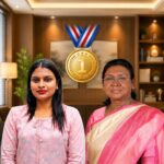 Charu Pandey posing alongside President Droupadi Murmu with a gold medal symbol in the background, representing her achievement of clearing 19 government examinations at the age of 23 and receiving national recognition.