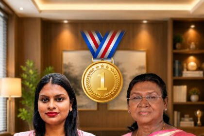 Charu Pandey posing alongside President Droupadi Murmu with a gold medal symbol in the background, representing her achievement of clearing 19 government examinations at the age of 23 and receiving national recognition.