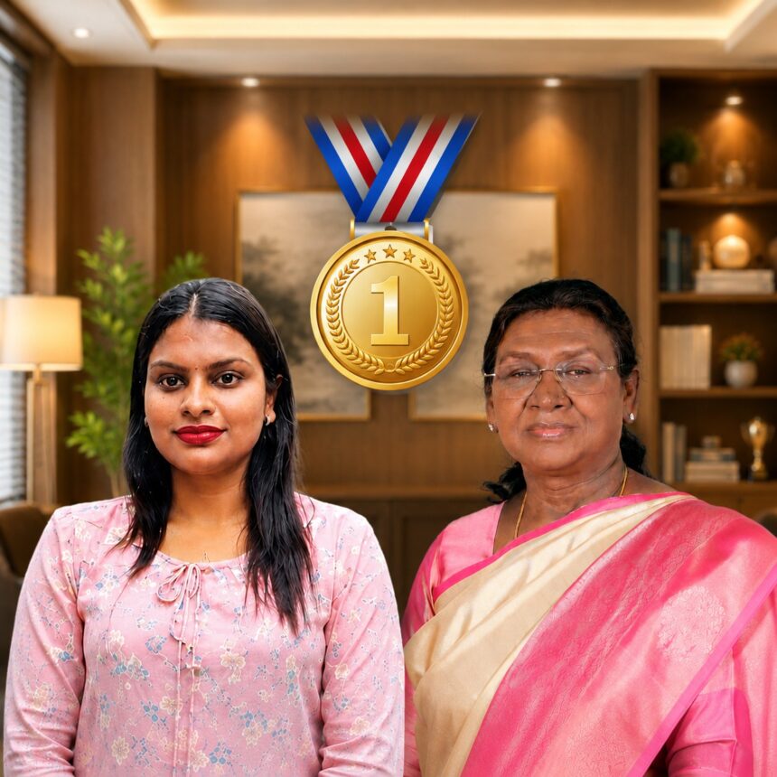 Charu Pandey posing alongside President Droupadi Murmu with a gold medal symbol in the background, representing her achievement of clearing 19 government examinations at the age of 23 and receiving national recognition.