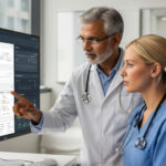 A team of healthcare professionals, including doctors and nurses, reviewing patient information on an AI-powered digital healthcare dashboard, demonstrating the integration of artificial intelligence in clinical decision-making and patient care.