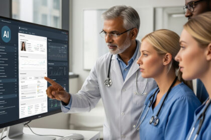 A team of healthcare professionals, including doctors and nurses, reviewing patient information on an AI-powered digital healthcare dashboard, demonstrating the integration of artificial intelligence in clinical decision-making and patient care.