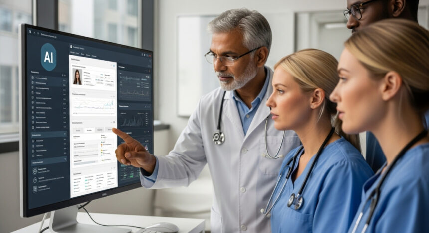 A team of healthcare professionals, including doctors and nurses, reviewing patient information on an AI-powered digital healthcare dashboard, demonstrating the integration of artificial intelligence in clinical decision-making and patient care.