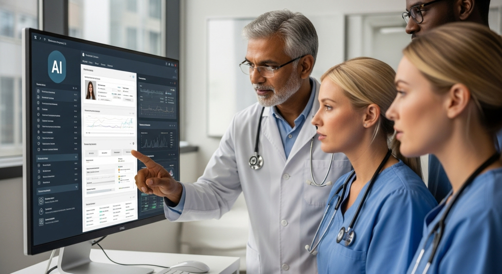 A team of healthcare professionals, including doctors and nurses, reviewing patient information on an AI-powered digital healthcare dashboard, demonstrating the integration of artificial intelligence in clinical decision-making and patient care.