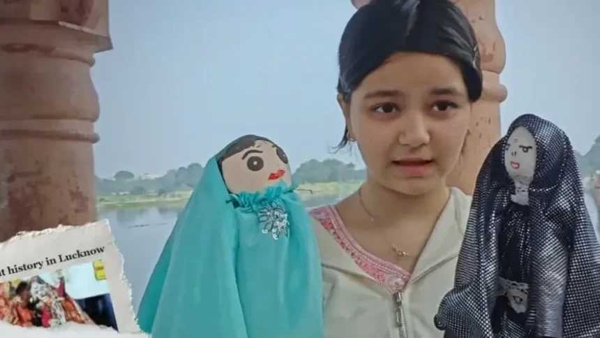 A young student demonstrating handmade cloth puppets as part of an environmental awareness and creative learning project.