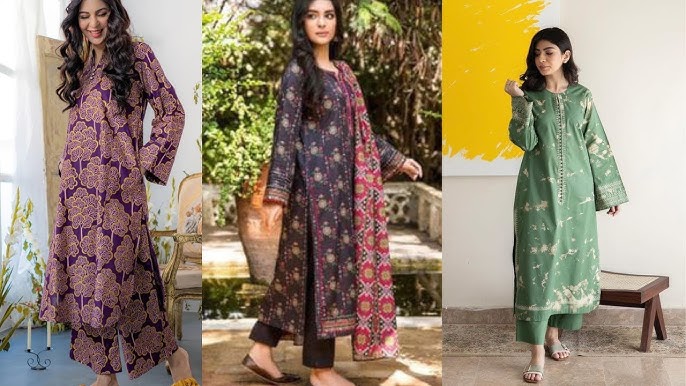 Three women showcasing stylish printed cotton suits in purple, floral black, and pastel green designs, ideal for monsoon fashion and everyday comfort.