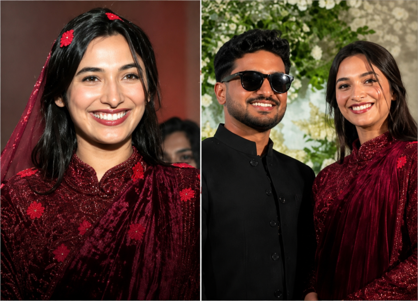 Kerala content creator Harsha Pathu in a minimalist bridal look with her husband during their wedding ceremony.