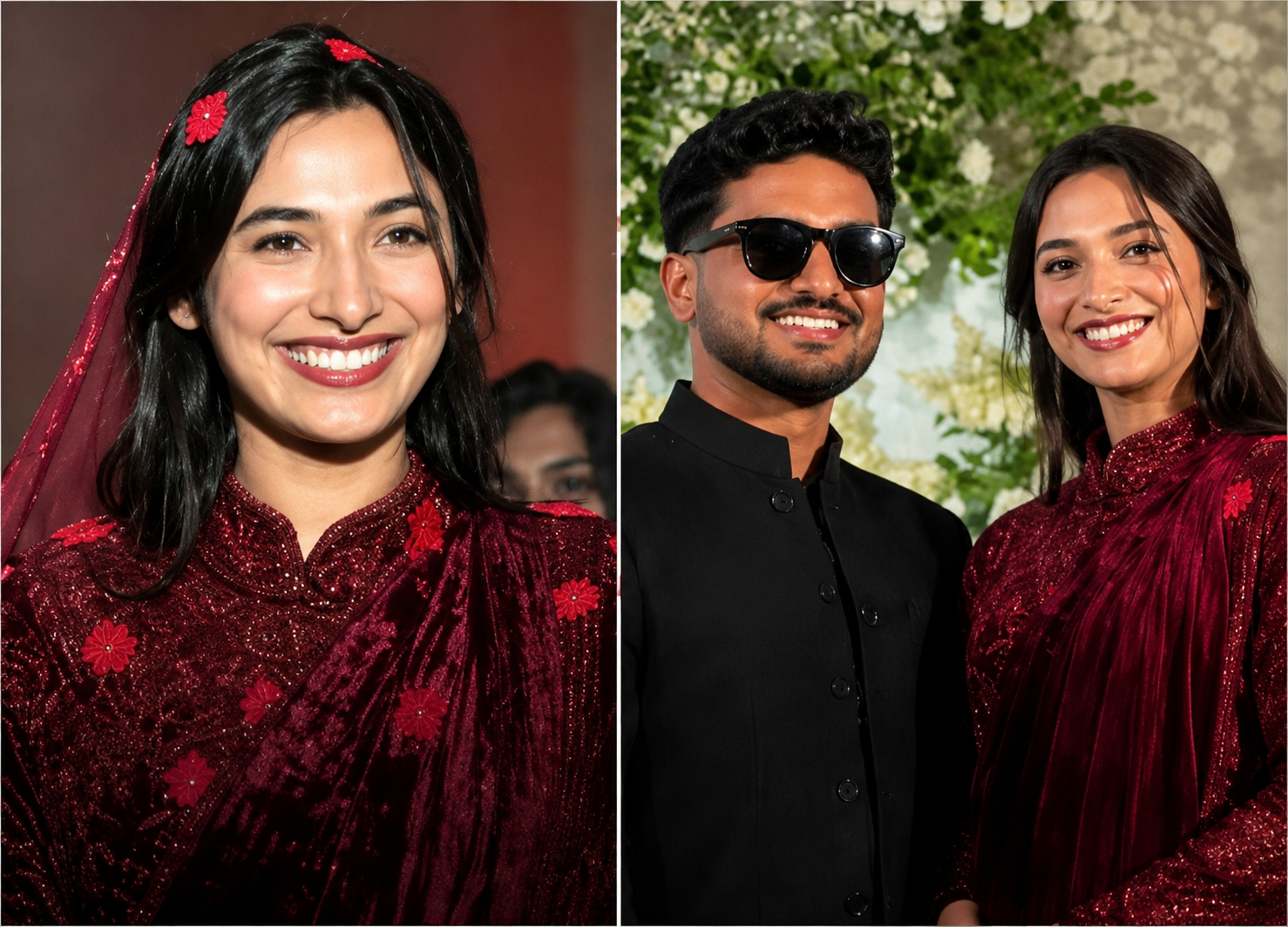 Kerala content creator Harsha Pathu in a minimalist bridal look with her husband during their wedding ceremony.