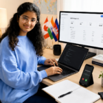 Young AI entrepreneur Manaa Jampala working on her laptop at a modern workspace with multiple digital devices.