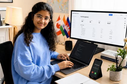 Young AI entrepreneur Manaa Jampala working on her laptop at a modern workspace with multiple digital devices.