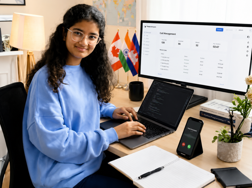 Young AI entrepreneur Manaa Jampala working on her laptop at a modern workspace with multiple digital devices.