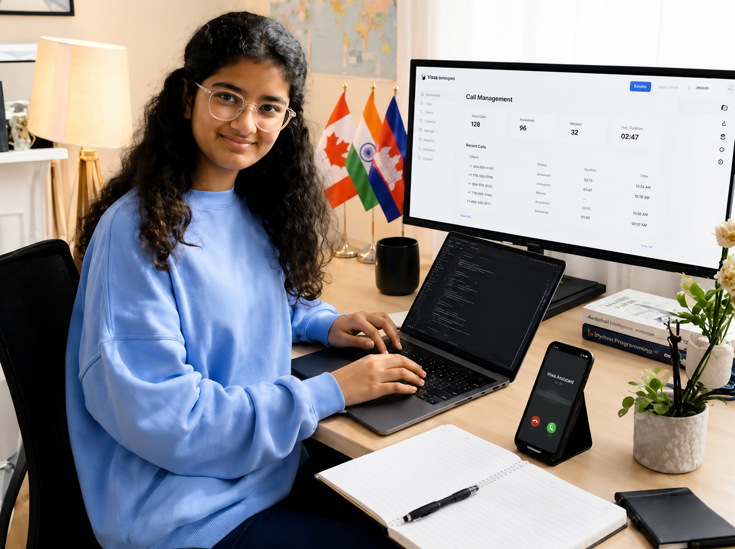 Young AI entrepreneur Manaa Jampala working on her laptop at a modern workspace with multiple digital devices.