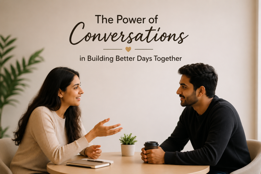 A young man and woman sitting across a table, smiling and having a meaningful conversation in a calm indoor setting