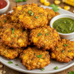 A plate of crispy golden-brown sweet corn oats pakodas served with green chutney, garnished with fresh coriander, sweet corn kernels, and oats on a rustic wooden table.