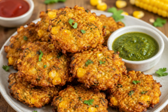 A plate of crispy golden-brown sweet corn oats pakodas served with green chutney, garnished with fresh coriander, sweet corn kernels, and oats on a rustic wooden table.