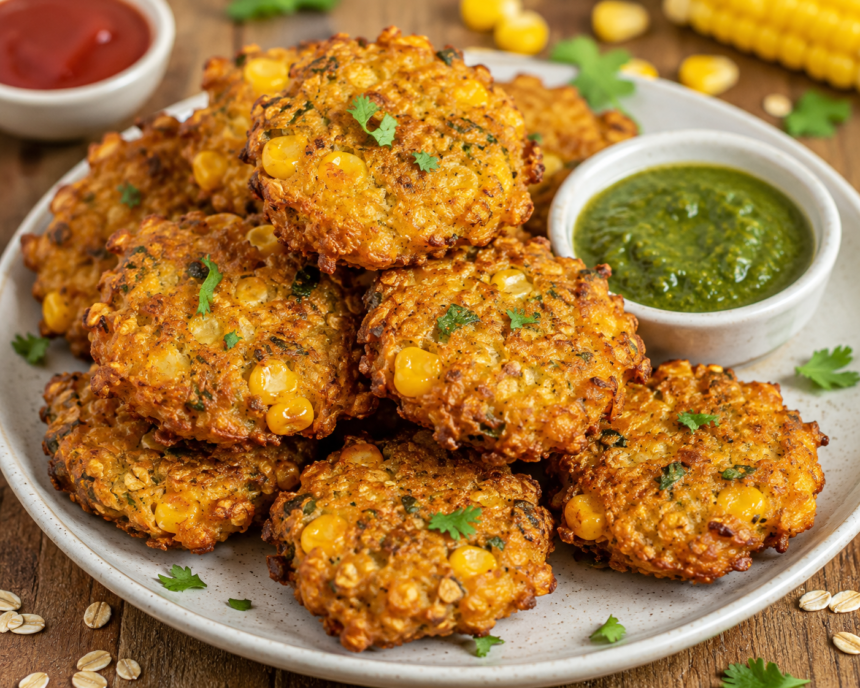 A plate of crispy golden-brown sweet corn oats pakodas served with green chutney, garnished with fresh coriander, sweet corn kernels, and oats on a rustic wooden table.