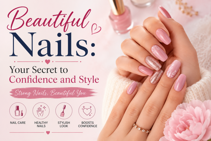 Beautiful manicured nails with elegant pink nail art, showcasing healthy nail care, beauty, confidence, and modern feminine style.
