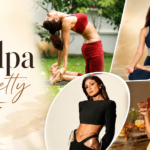 Shilpa Shetty featured in a wellness collage showcasing yoga, meditation, fitness, fashion, and her healthy lifestyle in a premium magazine-style design.