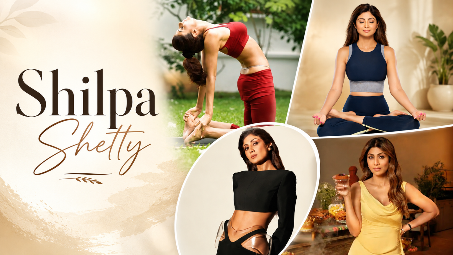 Shilpa Shetty featured in a wellness collage showcasing yoga, meditation, fitness, fashion, and her healthy lifestyle in a premium magazine-style design.