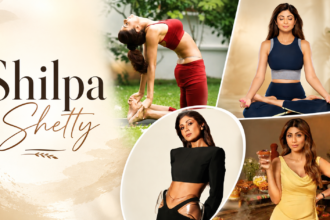 Shilpa Shetty featured in a wellness collage showcasing yoga, meditation, fitness, fashion, and her healthy lifestyle in a premium magazine-style design.