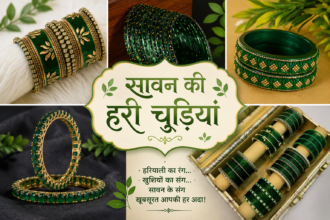 सावन के लिए विभिन्न डिज़ाइन की हरी चूड़ियों का आकर्षक कोलाज, जिसमें ग्लास, स्टोन और ट्रेडिशनल ग्रीन बैंगल्स शामिल हैं।