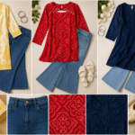 A fashion collage showcasing stylish kurti and flared jeans outfit ideas for Sawan 2026, featuring printed, embroidered, and solid kurtis paired with denim flared jeans and traditional footwear.