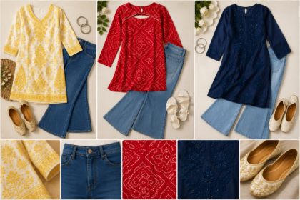 A fashion collage showcasing stylish kurti and flared jeans outfit ideas for Sawan 2026, featuring printed, embroidered, and solid kurtis paired with denim flared jeans and traditional footwear.