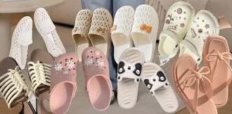 Women's trendy monsoon footwear collection featuring waterproof slides, clogs, jelly sandals and pastel flat slippers.