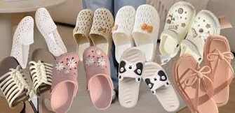 Women's trendy monsoon footwear collection featuring waterproof slides, clogs, jelly sandals and pastel flat slippers.