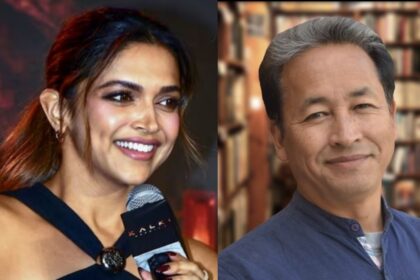 A side-by-side image showing actress Deepika Padukone and social activist Sonam Wangchuk, used in a fact-check article about a viral fake social media post.