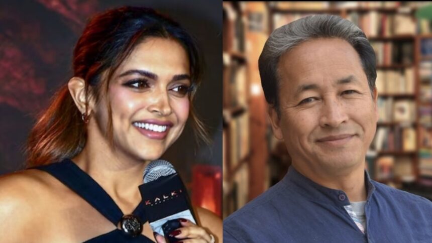 A side-by-side image showing actress Deepika Padukone and social activist Sonam Wangchuk, used in a fact-check article about a viral fake social media post.