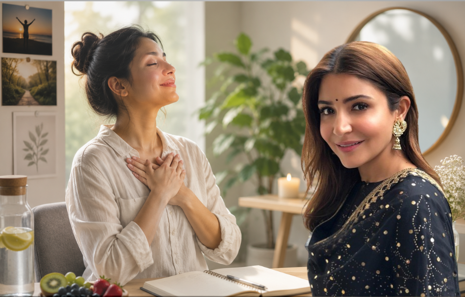 A calm lifestyle image showing a woman practicing self-love with her hands over her heart, alongside actress Anushka Sharma smiling confidently in a warm, peaceful indoor setting.