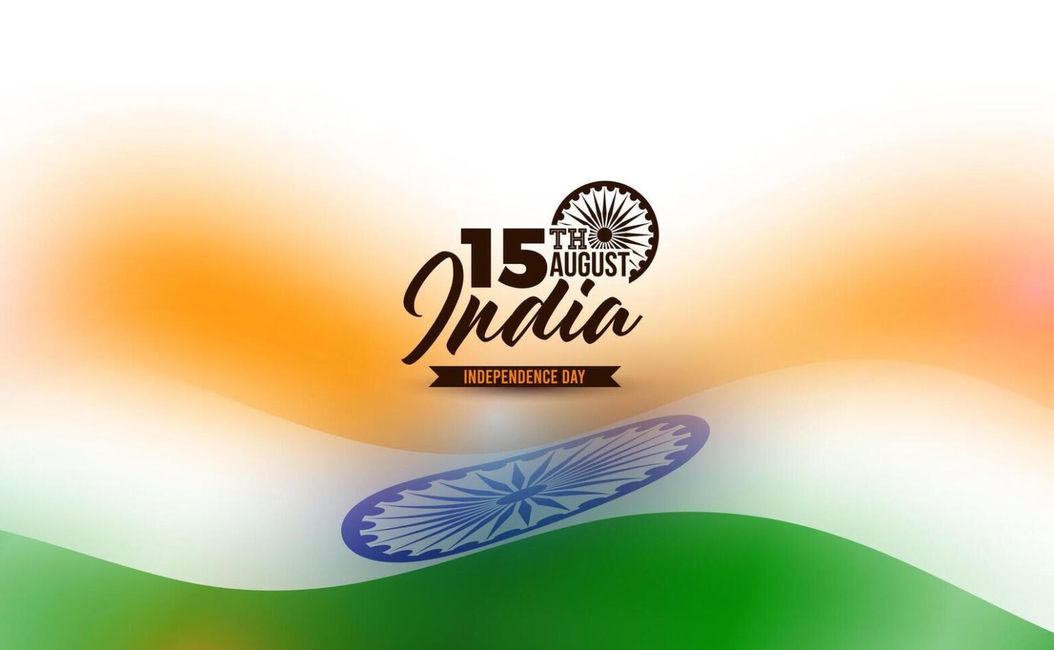 15 August Independence Day graphic featuring India typography, Ashoka Chakra and a flowing Indian tricolour flag background.