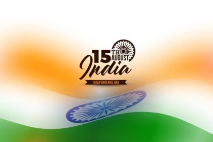 15 August Independence Day graphic featuring India typography, Ashoka Chakra and a flowing Indian tricolour flag background.