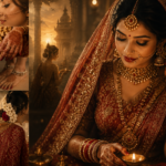 Indian bride showcasing traditional sixteen adornments with jewelry, mehndi and red bridal attire