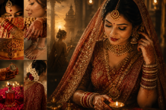 Indian bride showcasing traditional sixteen adornments with jewelry, mehndi and red bridal attire