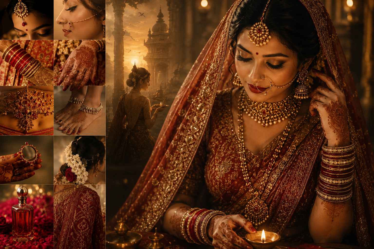 Indian bride showcasing traditional sixteen adornments with jewelry, mehndi and red bridal attire