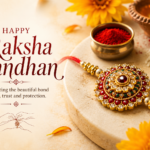 Elegant Raksha Bandhan celebration image featuring a decorative rakhi, kumkum, rice grains, diya and festive floral elements.