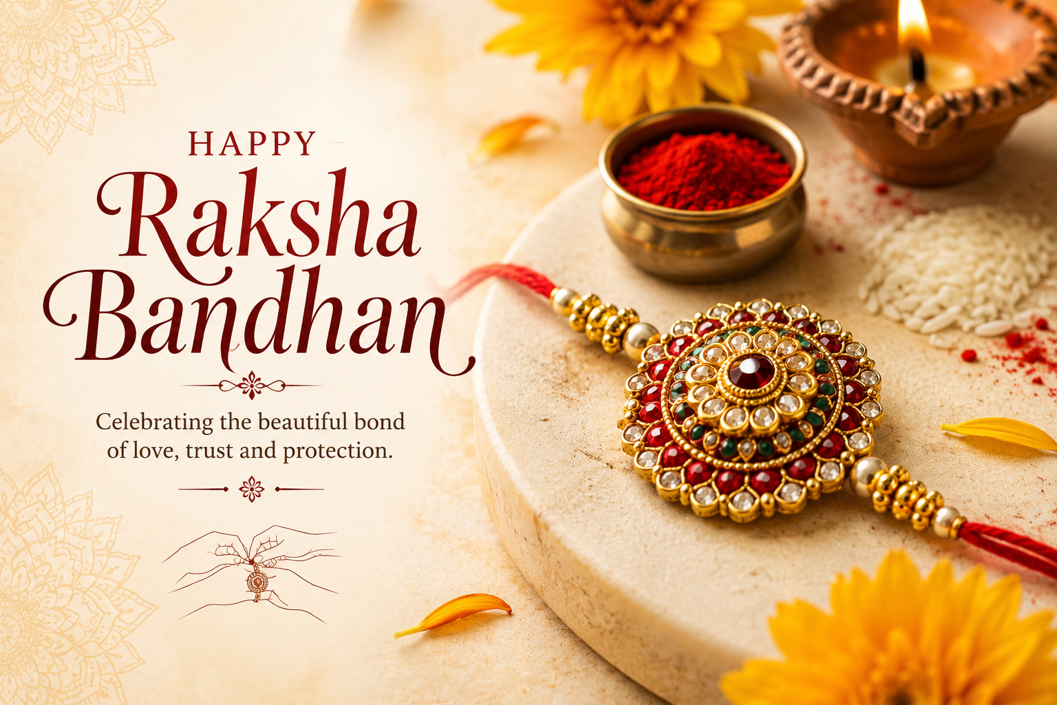 Elegant Raksha Bandhan celebration image featuring a decorative rakhi, kumkum, rice grains, diya and festive floral elements.