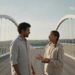 A father and teenage daughter having an open conversation on a modern pedestrian bridge, symbolizing trust and communication.