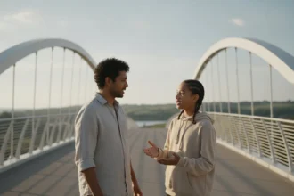 A father and teenage daughter having an open conversation on a modern pedestrian bridge, symbolizing trust and communication.